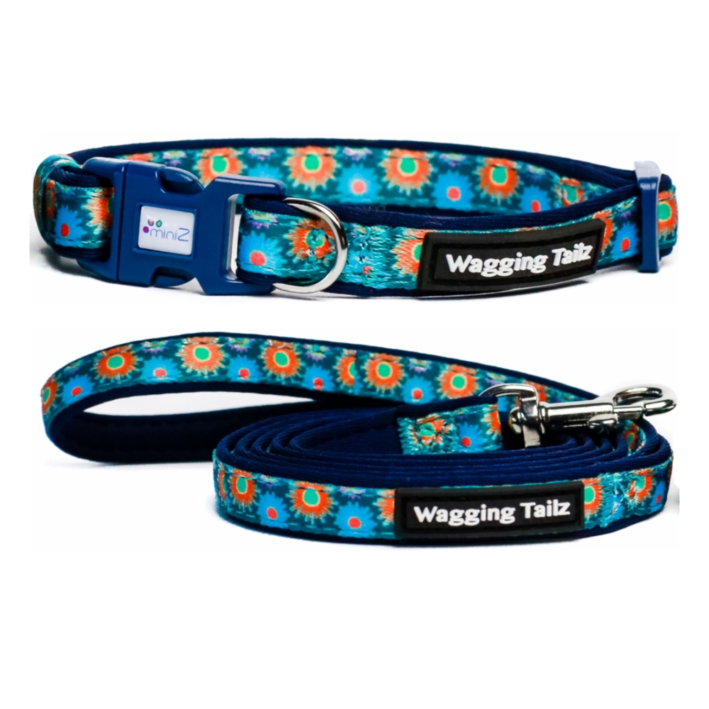 miniZ Wildflower Navy Blue Lead & Collar Set (Large 19-34cm)